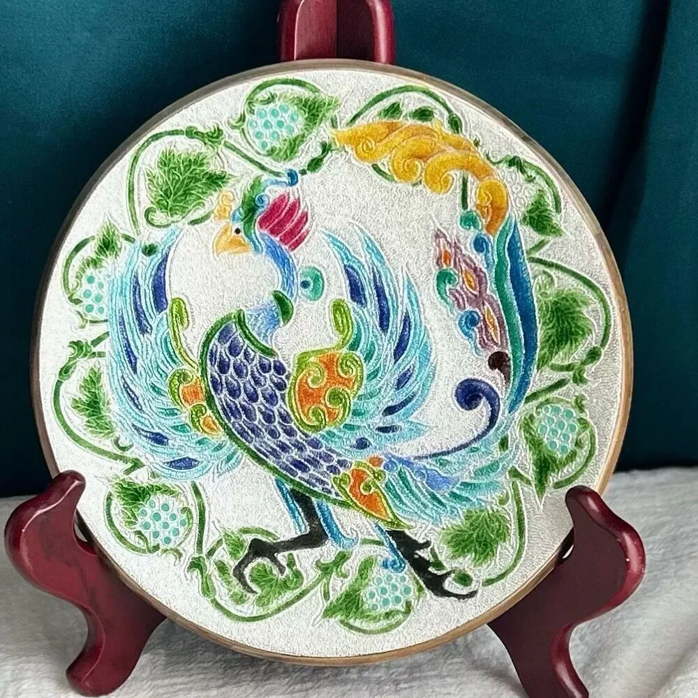 Japanese Cloisonne Phoenix Peacock Rooster Bird Plate